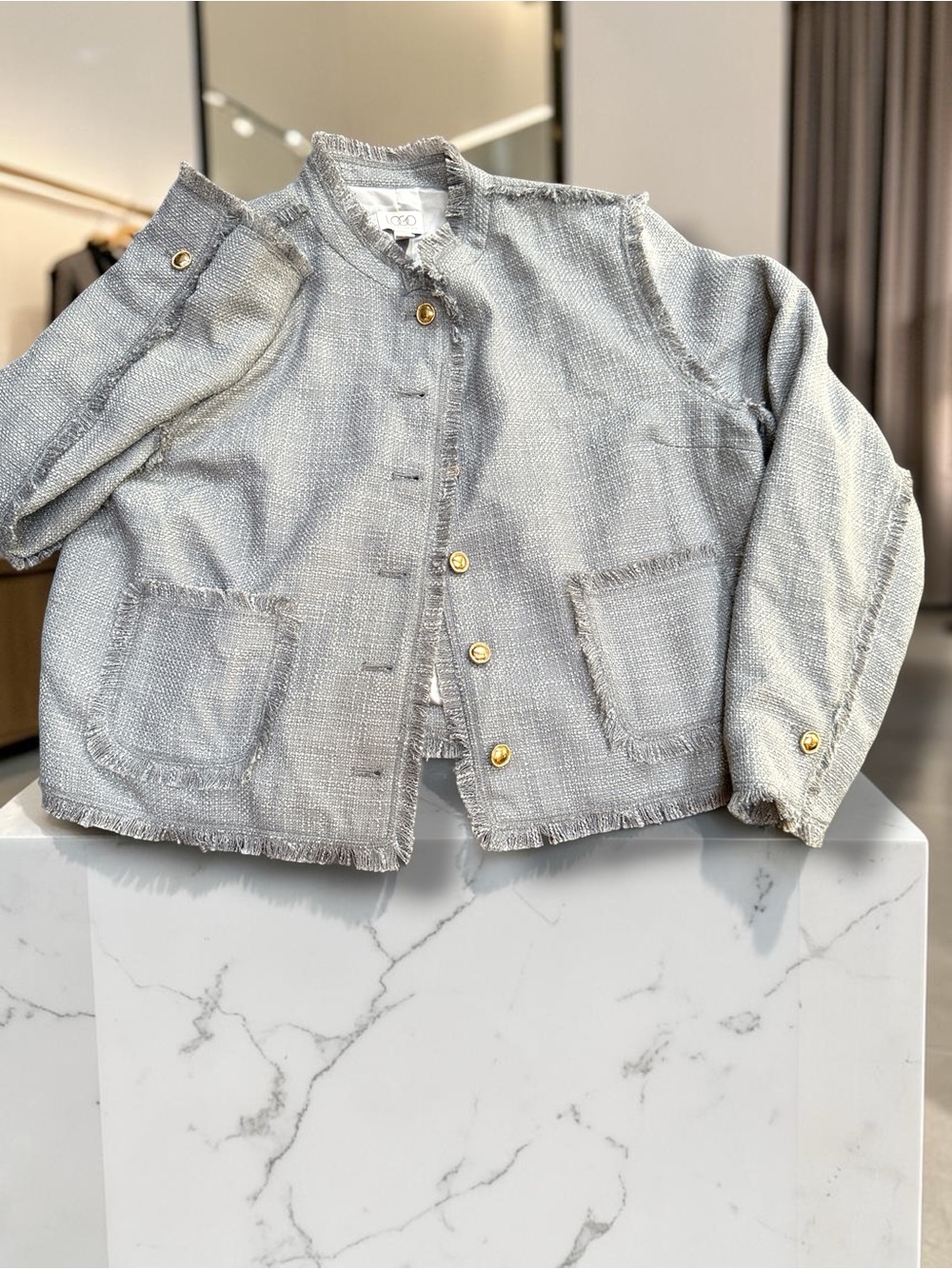 Women’s textured jacket, LOGO by Lori Goldstein, collarless with raw